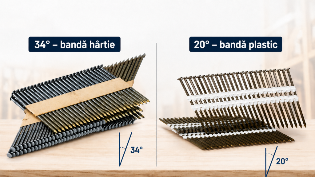 Comparație cuie pe bandă de hârtie 34 grade și bandă de plastic 20 grade