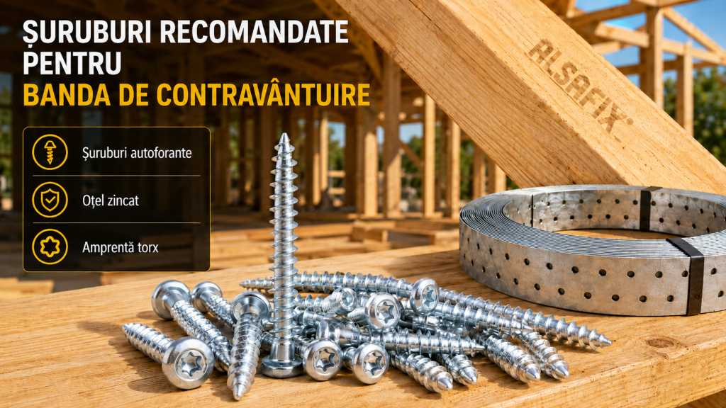 Șuruburi zincate VBA pentru fixarea benzii de contravântuire pe lemn